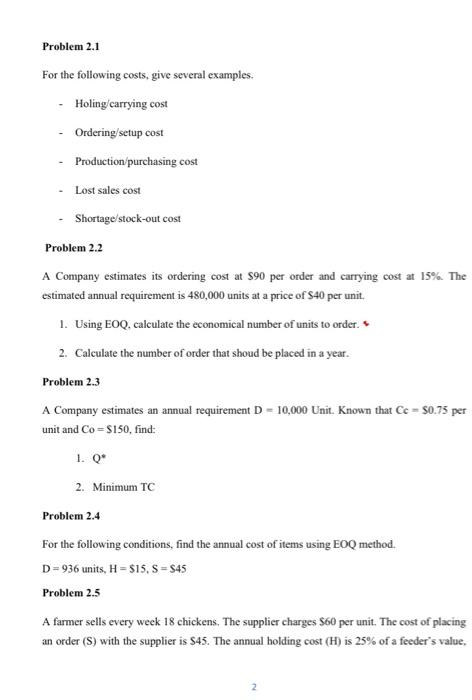 Solved Problem 2.1 For The Following Costs, Give Several | Chegg.com