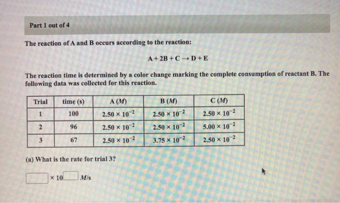 Solved Part 1 out of 4 The reaction of A and B occurs | Chegg.com