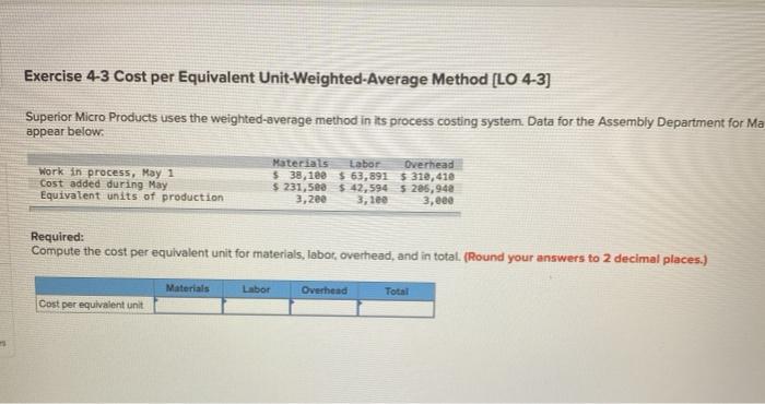 Solved Exercise 4-3 Cost Per Equivalent | Chegg.com