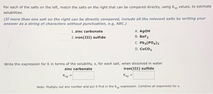 Solved For each of the salts on the left, match the salts on | Chegg.com