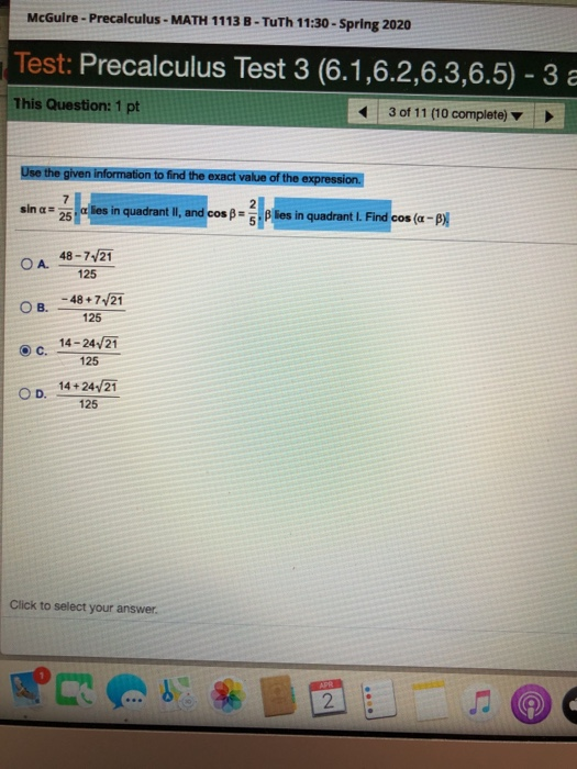 Solved McGuire - Precalculus - MATH 1113 B - Tuth 11:30 - | Chegg.com ...