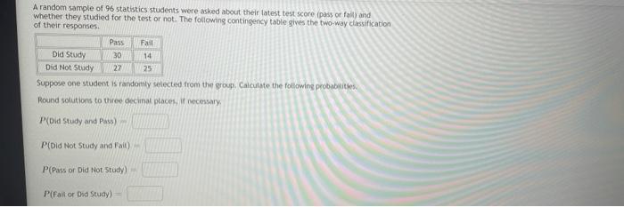 Solved A random sample of 96 statistics students were asked | Chegg.com