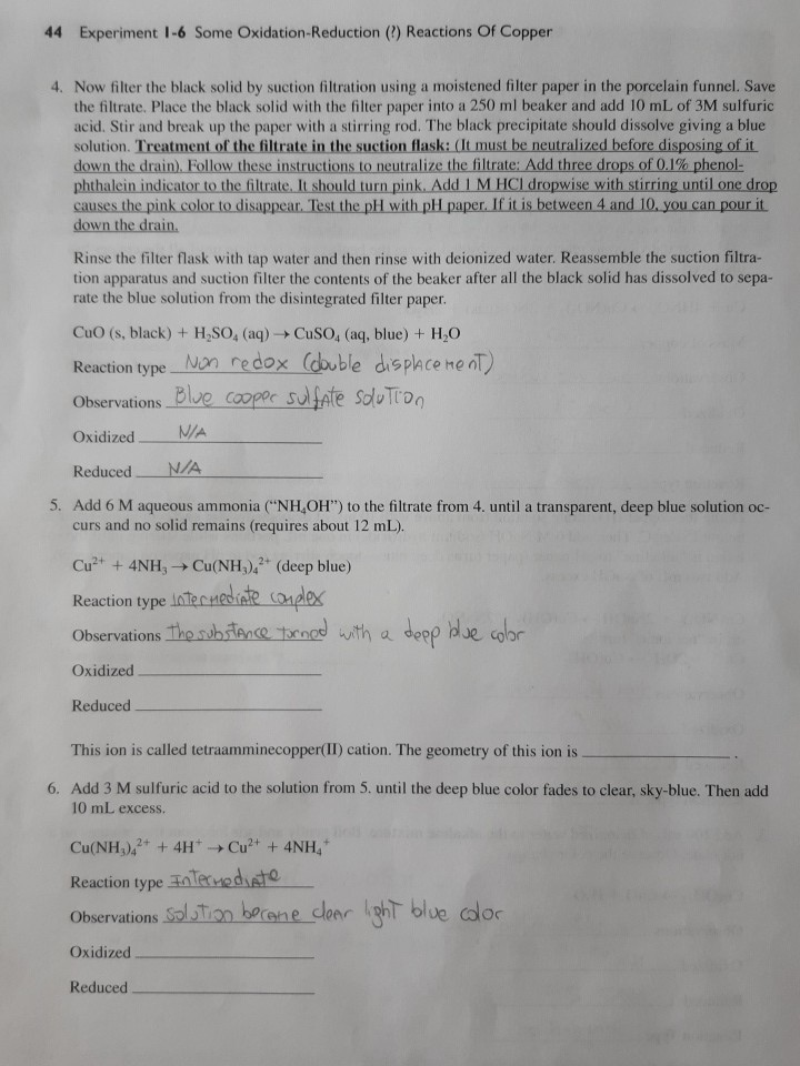 Solved Experiment 1-6 Some Oxidation-Reduction (?) Reactions | Chegg.com