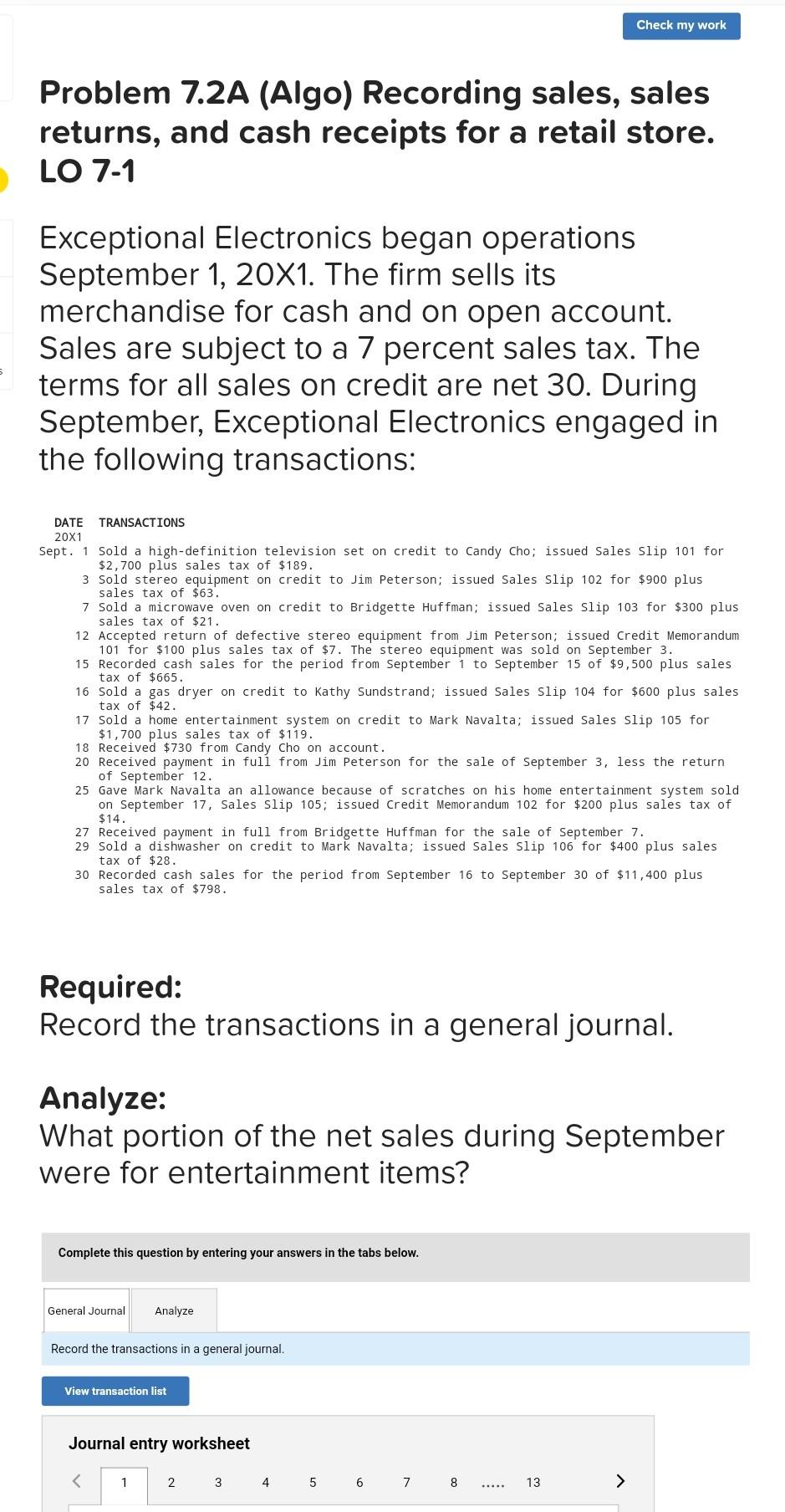 Solved Check my work Problem 7.2A (Algo) Recording sales, | Chegg.com