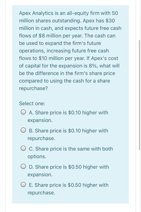 Solved Apex Analytics Is An All Equity Firm With 50 Million Chegg Com