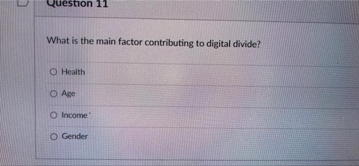 What is the main factor contributing to digital divide?
Health
Age
Income:
Gender