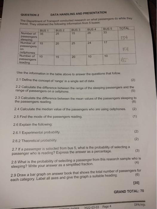 Solved QUESTION 2 DATA HANDLING AND PRESENTATION The | Chegg.com