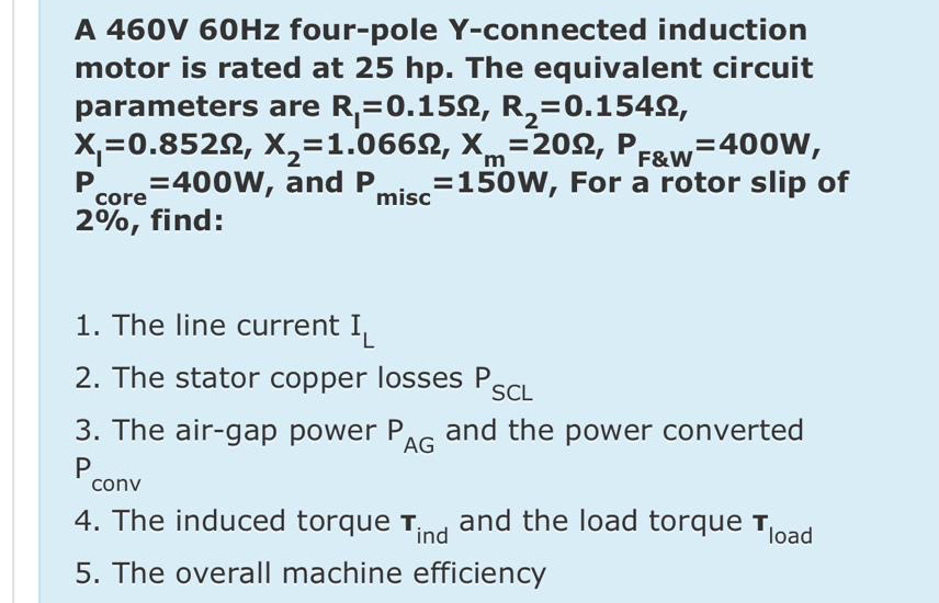 Solved A 460V60Hz ﻿four-pole Y-connected induction motor is | Chegg.com