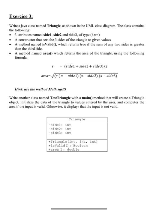 Solved Exercice 3: Write a java class named Triangle, as | Chegg.com