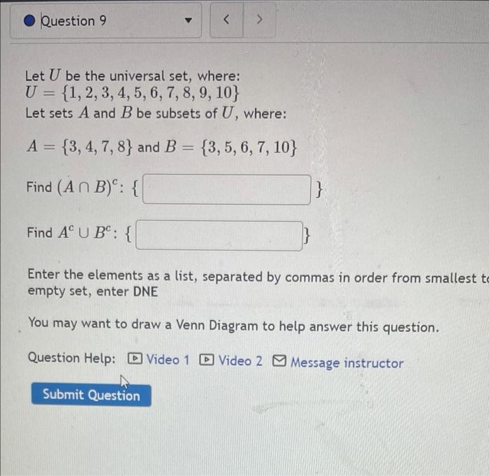 Solved Question 9 > Let U Be The Universal Set, Where: U = | Chegg.com