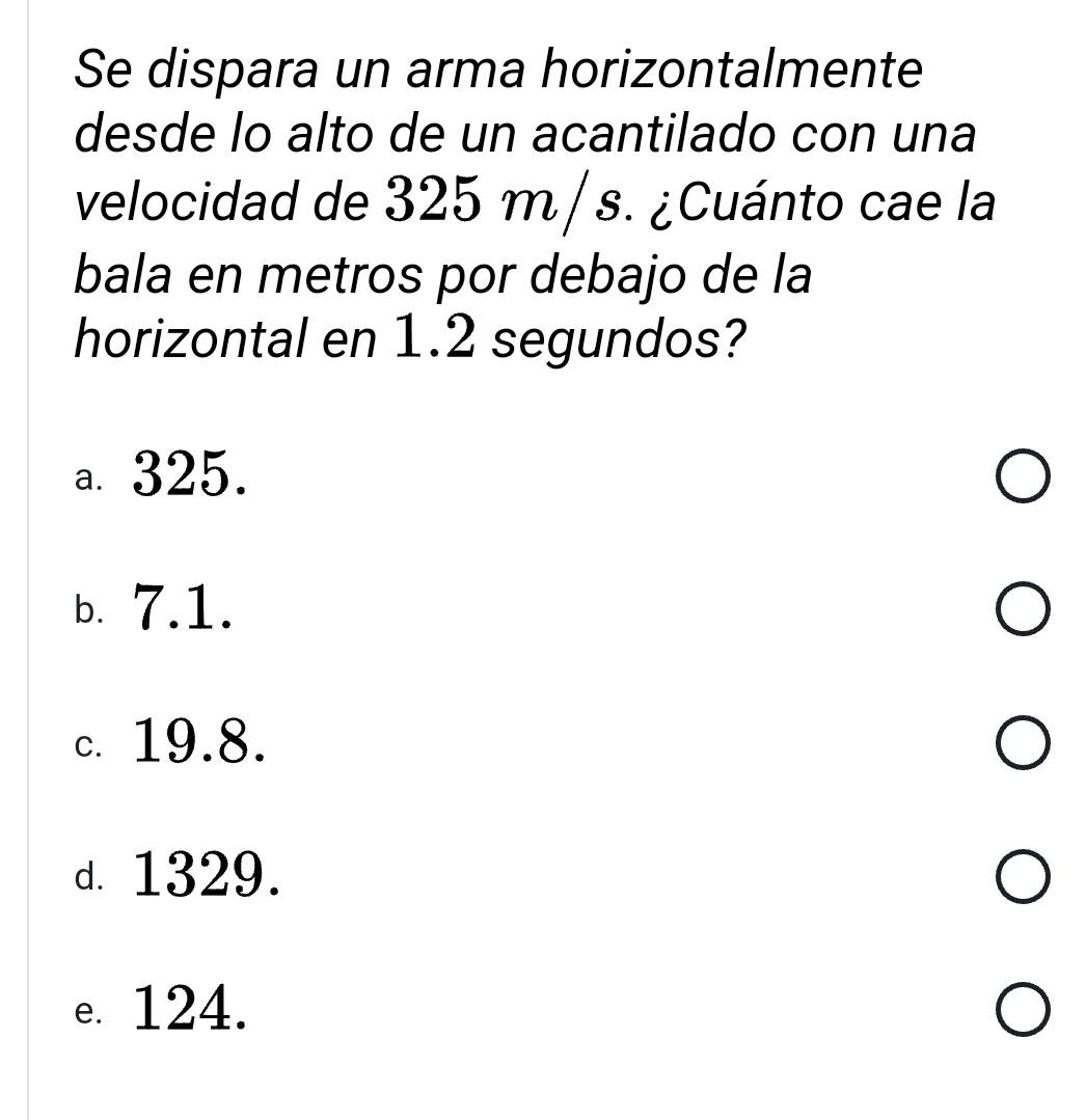 Se dispara un arma horizontalmente desde lo alto de un acantilado con una velocidad de \( 325 \mathrm{~m} / \mathrm{s} \). ¿C