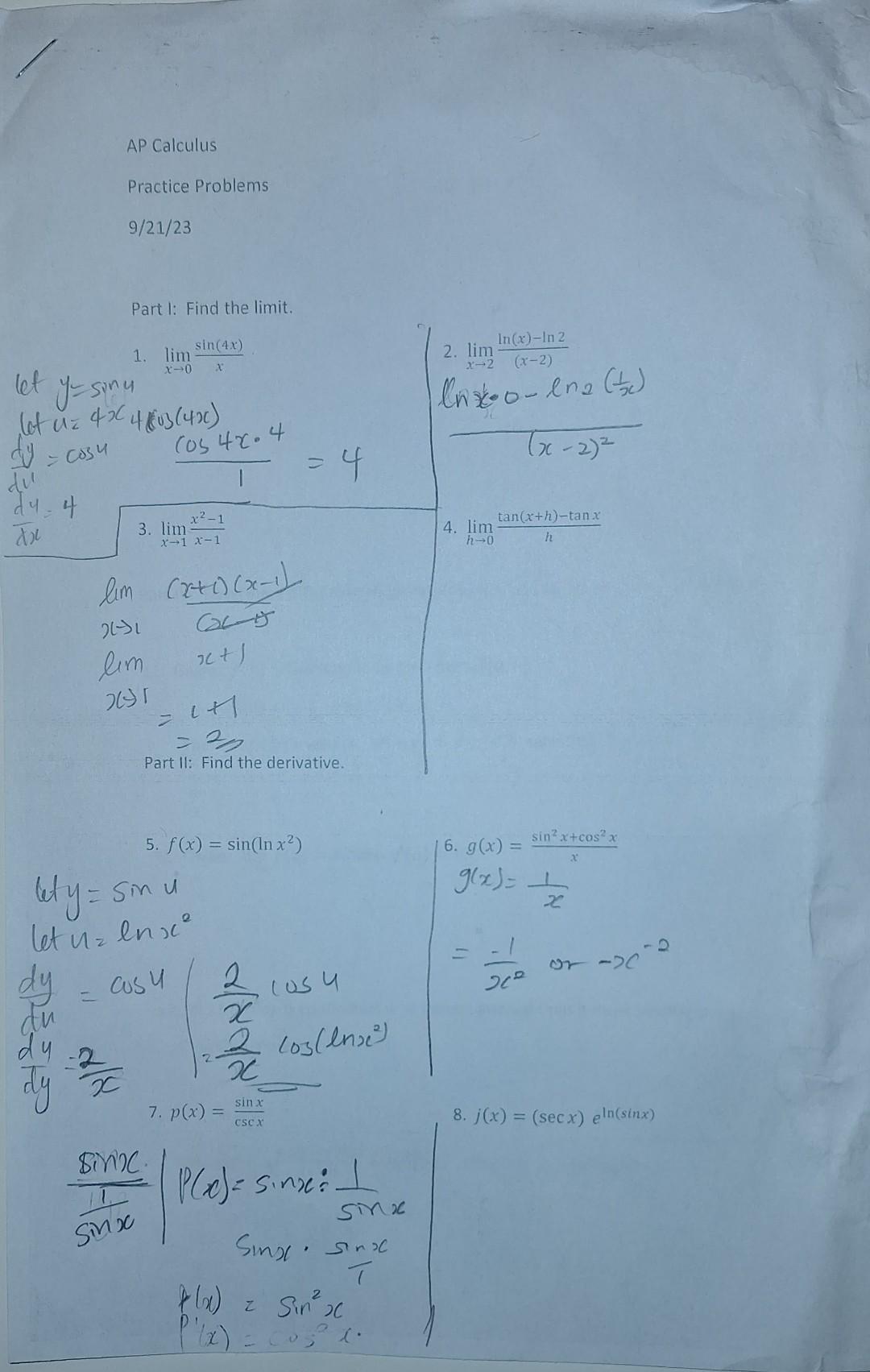 Solved Part I: Find the limit. 1. limx→0xsin(4x) let y=sinu | Chegg.com