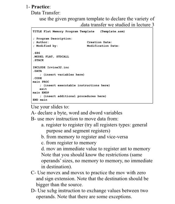 Solved 1- Practice: Data Transfer: use the given program | Chegg.com