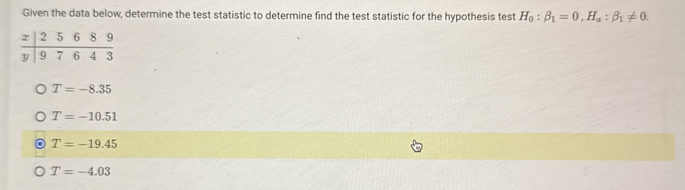 Given the data below, determine the test statistic to | Chegg.com
