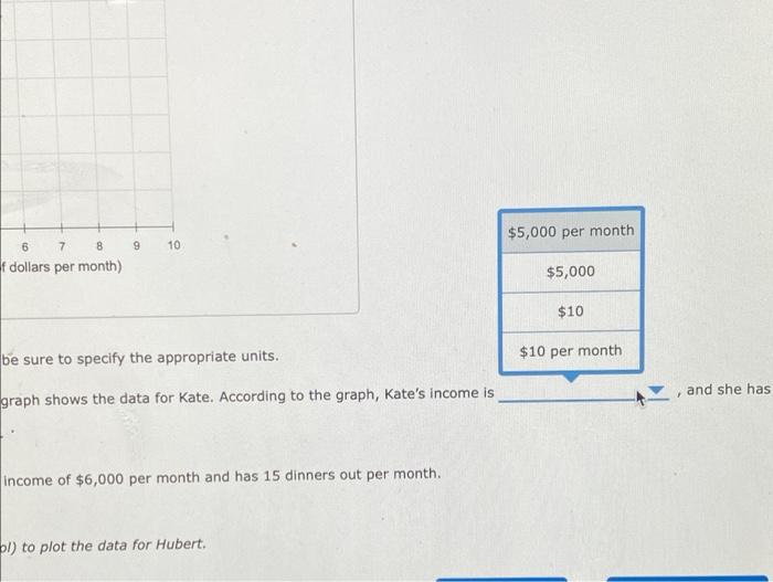 6
7
8
f dollars per month)
9 10
be sure to specify the appropriate units.
graph shows the data for Kate. According to the gra