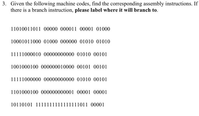 Solved 3. Given the following machine codes, find the | Chegg.com