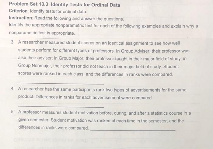 Solved Problem Set 10.3: Identify Tests for Ordinal Data | Chegg.com