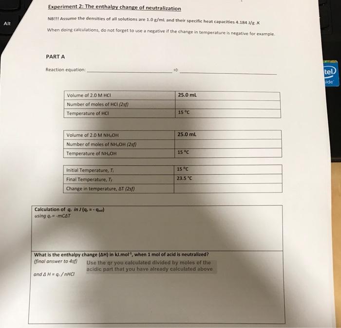 experimental determination of enthalpy of neutralization