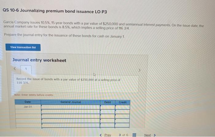 Solved QS 10-6 Journalizing premium bond issuance LO P3 | Chegg.com