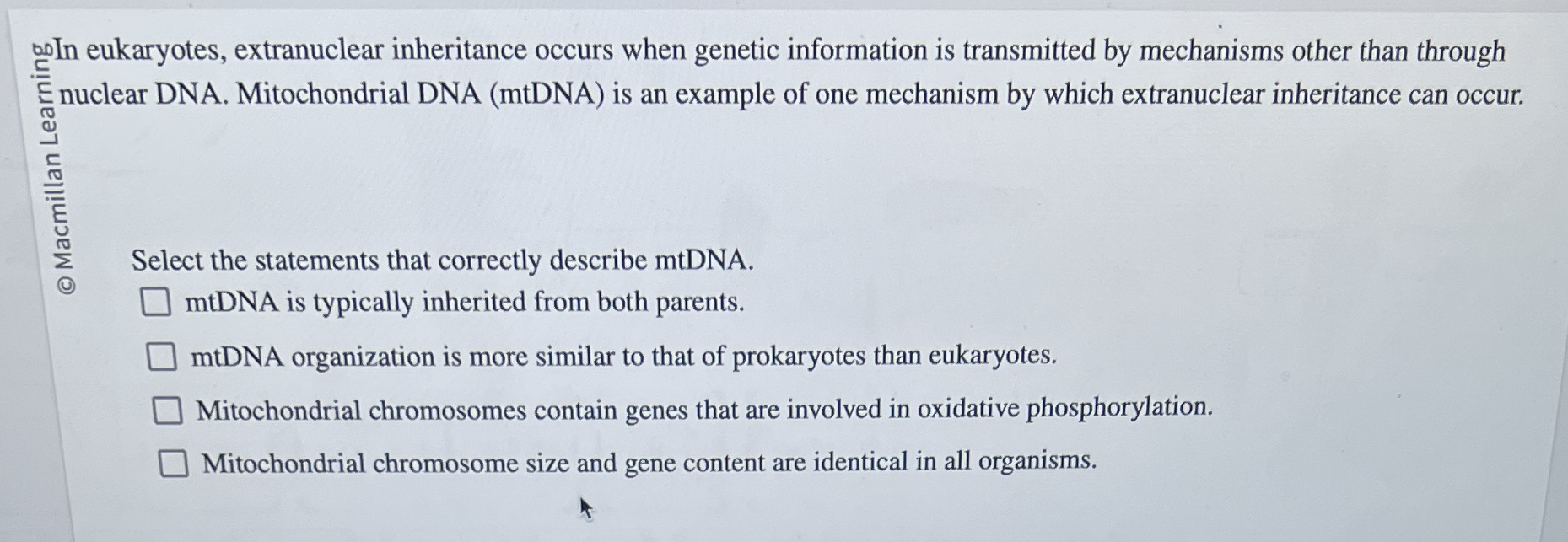 Solved ooln eukaryotes, extranuclear inheritance occurs when | Chegg.com