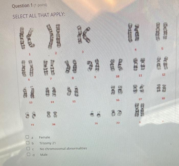 Solved a Female b Trisomy 21 c. No chromosomal abnormalitles | Chegg.com