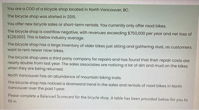 Solved You are a coo of a bicycle shop located in North | Chegg.com