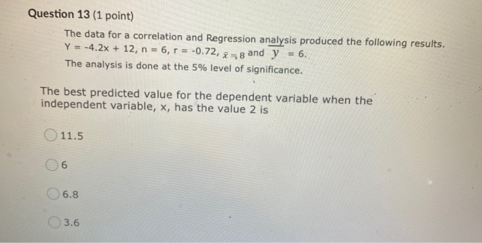 Solved Question 13 (1 point) The data for a correlation and | Chegg.com