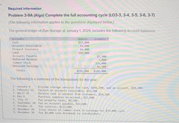 Solved Required information Problem 3-9A (Algo) Complete the | Chegg.com