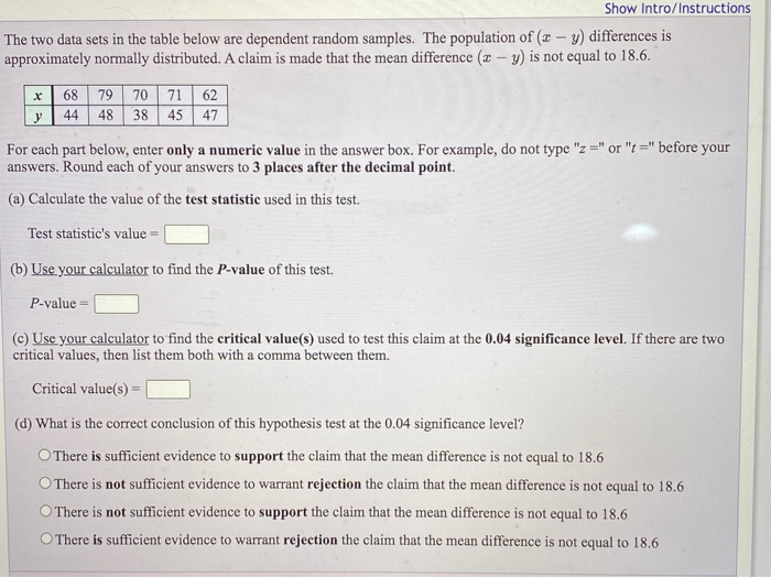 Solved Show Intro/Instructions The two data sets in the | Chegg.com