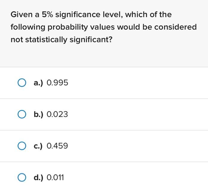 Given a \( 5 \% \) significance level, which of the following probability values would be considered not statistically signif
