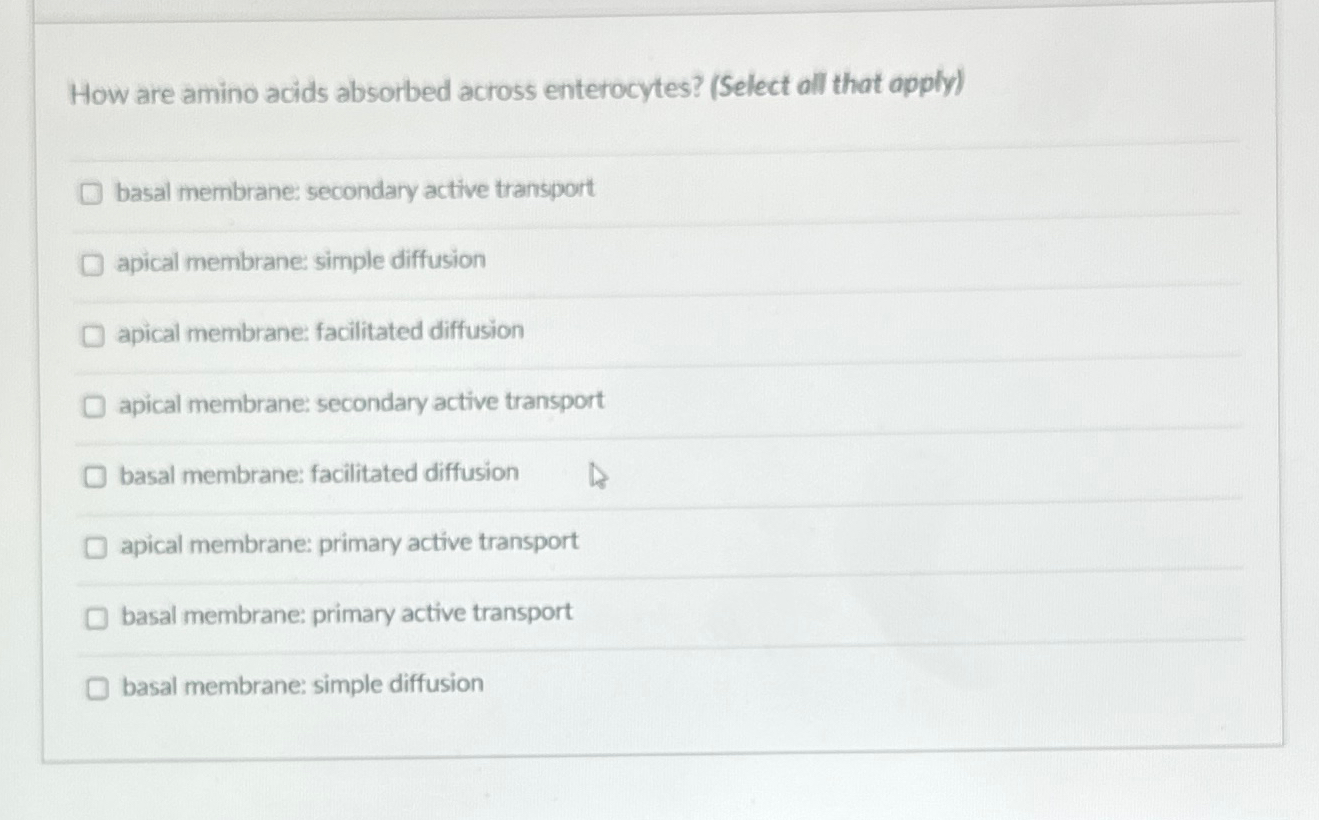 Solved How are amino acids absorbed across enterocytes?