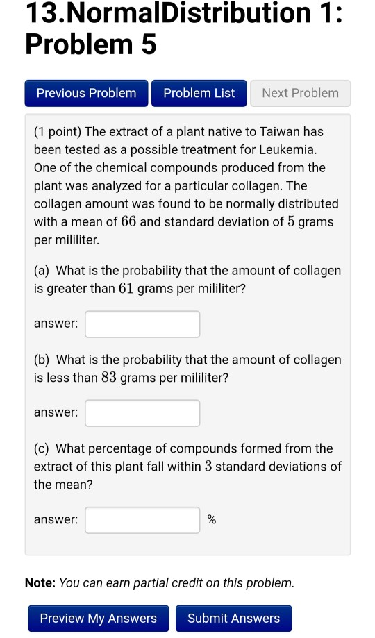 Solved 13.NormalDistribution 1: Problem 5 Previous Problem | Chegg.com