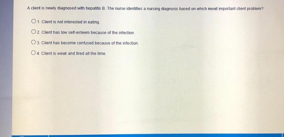 A client is newly diagnosed with hepatitis B. The nurse identifies a nursing diagnosis based on which most important client p