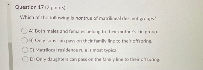 Solved Question 17 (2 points) Which of the following is not | Chegg.com