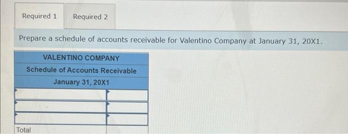 Prepare a schedule of accounts receivable for Valentino Company at January \( 31,20 \times 1 \).