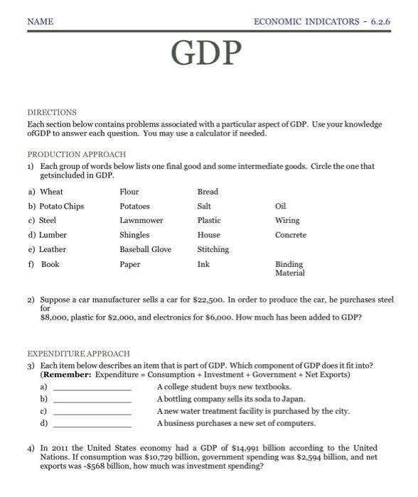 Solved NAME ECONOMIC INDICATORS 6.2.6 GDP DIRECTIONS Each
