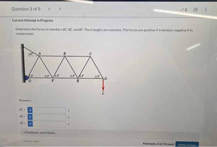 Solved Determine The Forces In Members BC,BE, And BF. The | Chegg.com