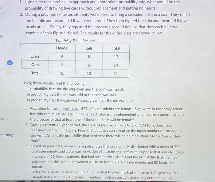 Solved 1. Using a classical probability approach and | Chegg.com