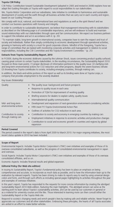 Solved Toyota CSR Policy CSR Policy. Contribution toward | Chegg.com
