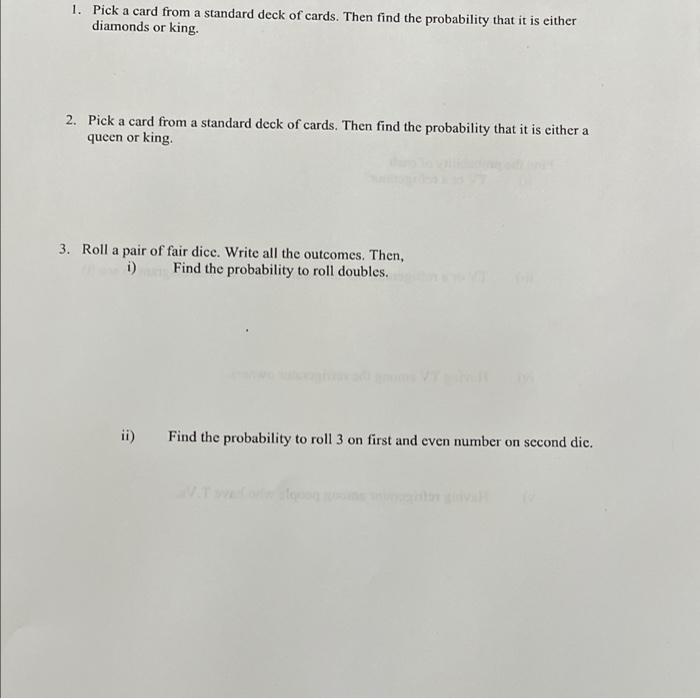 Solved 1. Pick a card from a standard deck of cards. Then | Chegg.com