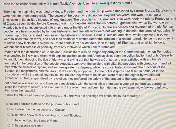 Read the selection listed below. It is from Tacitus' | Chegg.com