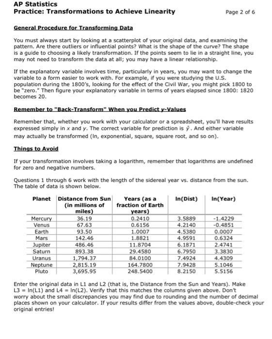 Solved AP Statistics Practice: Transformations to Achieve Chegg com