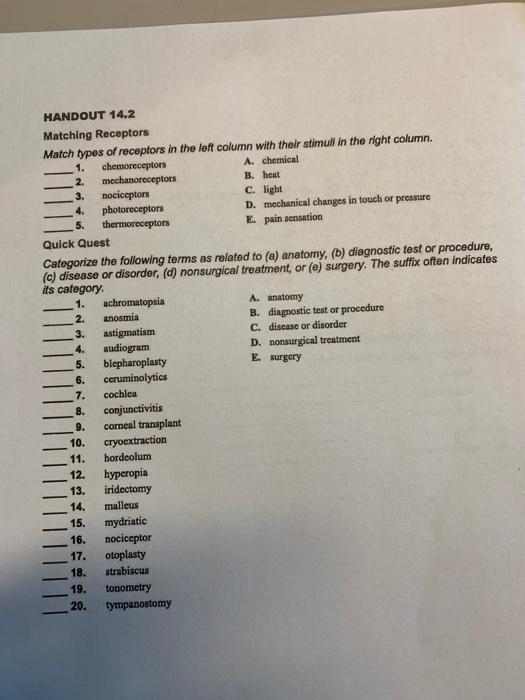 Solved Matching Receptors Match types of receptors in the | Chegg.com