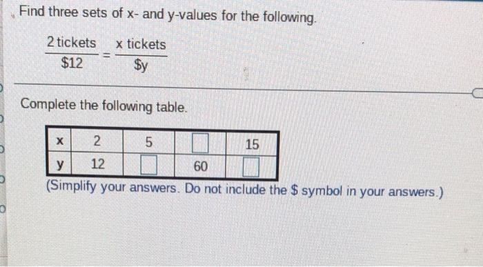 Solved Find three sets of x- and y-values for the following | Chegg.com