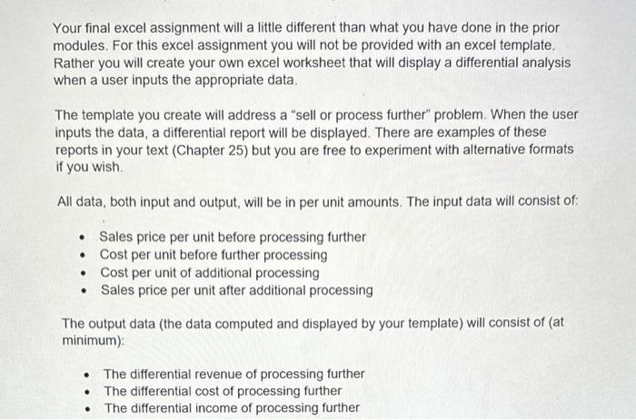 Solved Your final excel assignment will a little different | Chegg.com