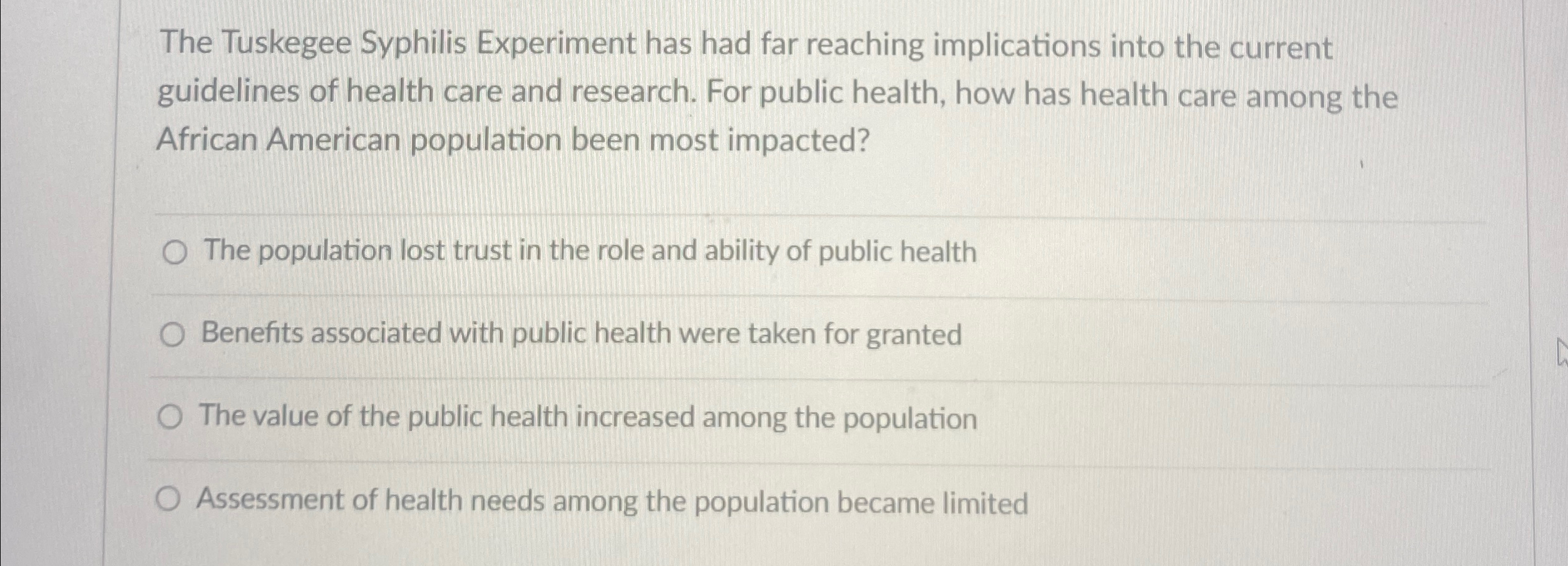 Solved The Tuskegee Syphilis Experiment has had far reaching | Chegg.com