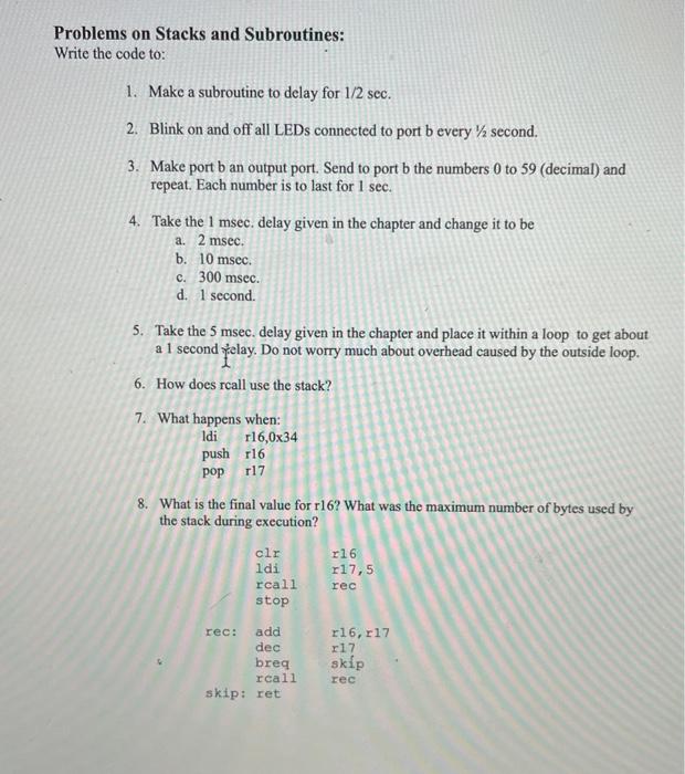 Solved Problems on Stacks and Subroutines: Write the code | Chegg.com