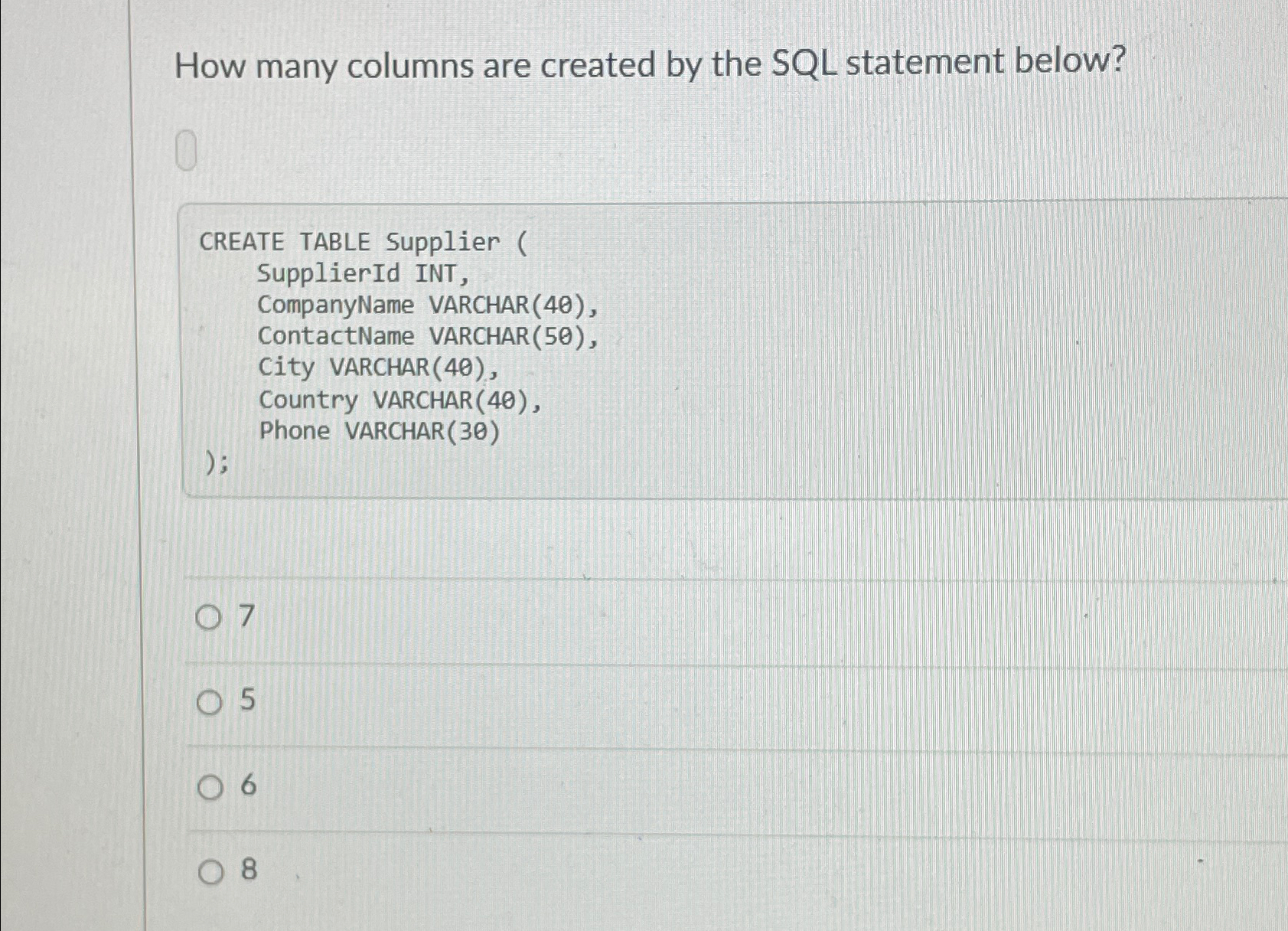 Solved How many columns are created by the SQL statement | Chegg.com