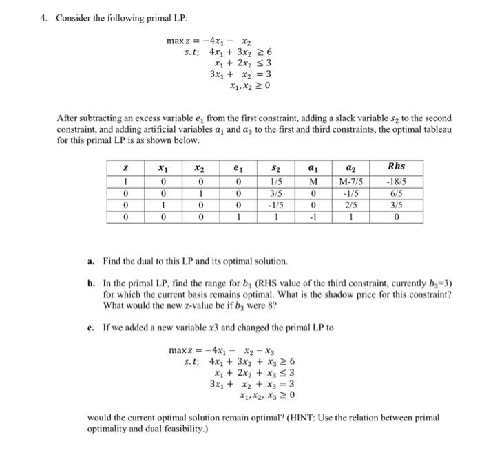 Solved 4. Consider the following primal LP: maxz=−4x1−x2 | Chegg.com