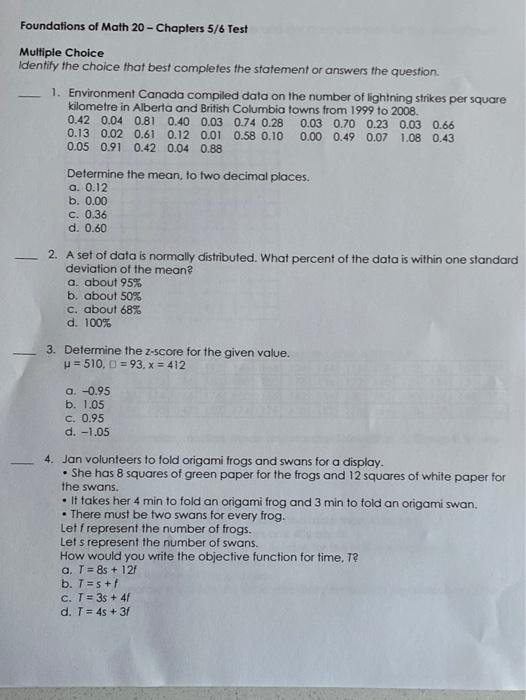 Solved Foundations of Math 20 - Chapters 5/6 Test Multiple | Chegg.com